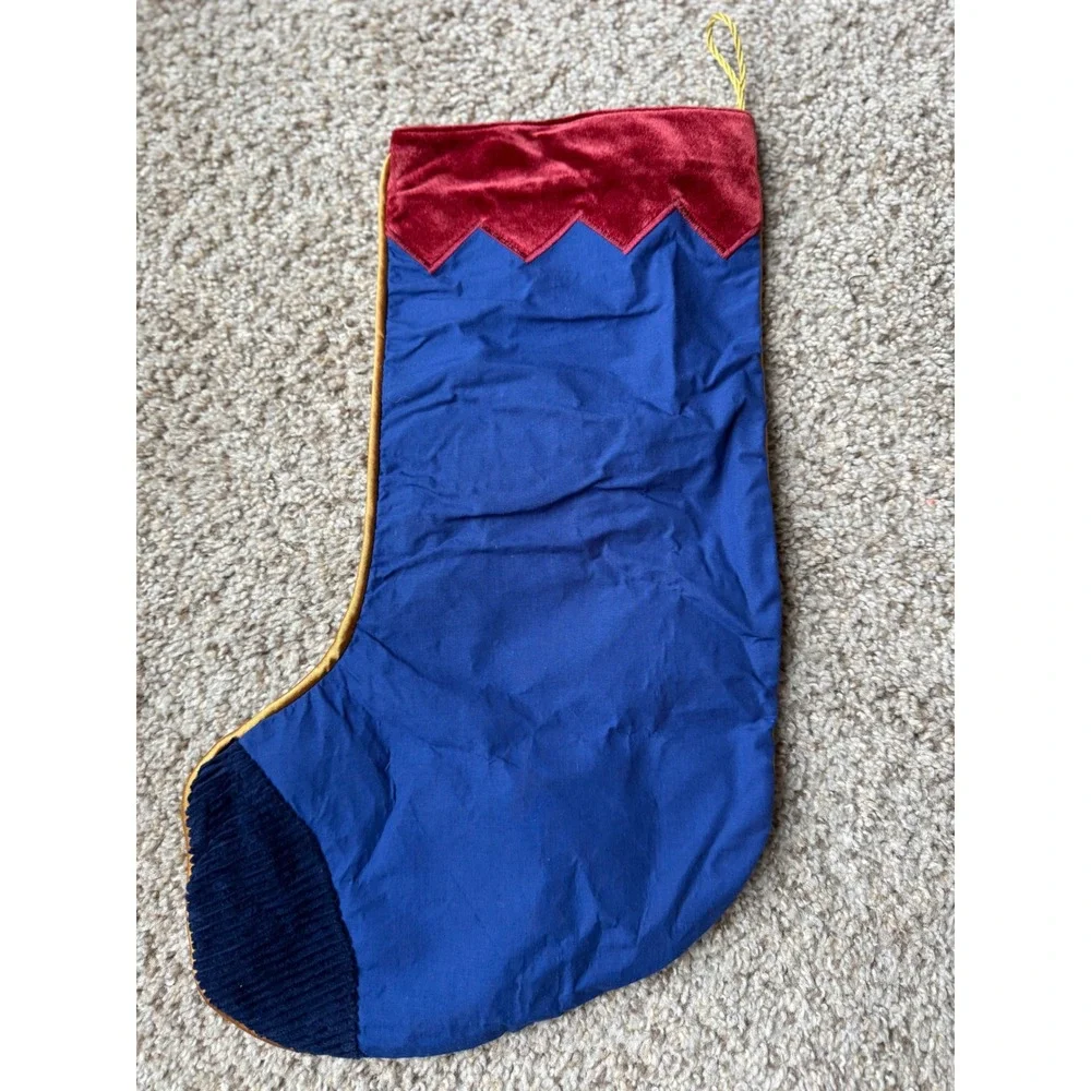 Vintage Appliqué Christmas Stocking  Blue Velvet Santa Teddy‎ Bear Stars Moon